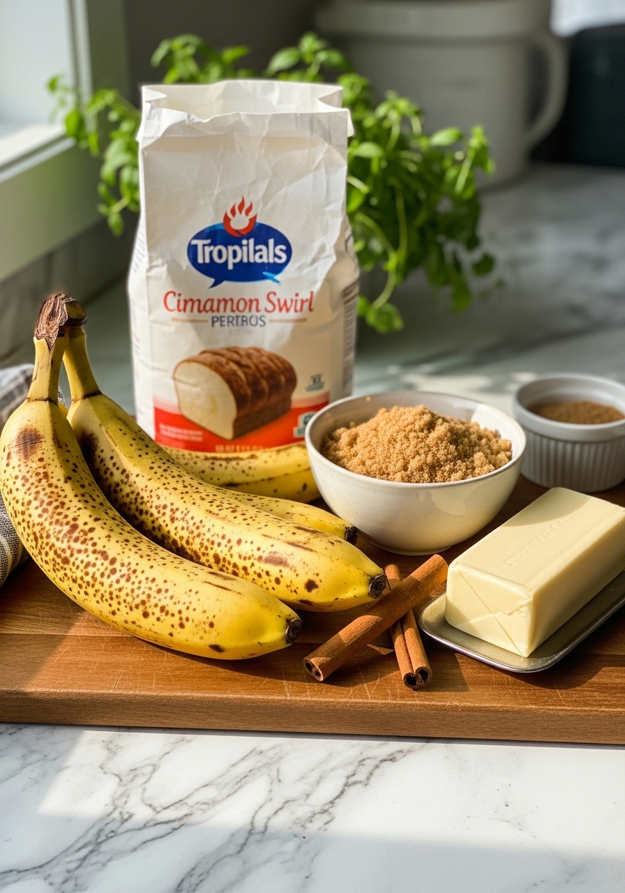 A beautifully composed still life of key ingredients for Homemade Cinnamon Swirl Banana Bread: very ripe, spotty bananas, a bag of flour, a small bowl of brown sugar, cinnamon sticks, and a stick of butter. These are artfully arranged on the same wooden cutting board, set against marble countertops, bathed in natural morning light. Fresh herbs are subtly in the background, adding a touch of freshness to the warm, inviting scene. NO HANDS.