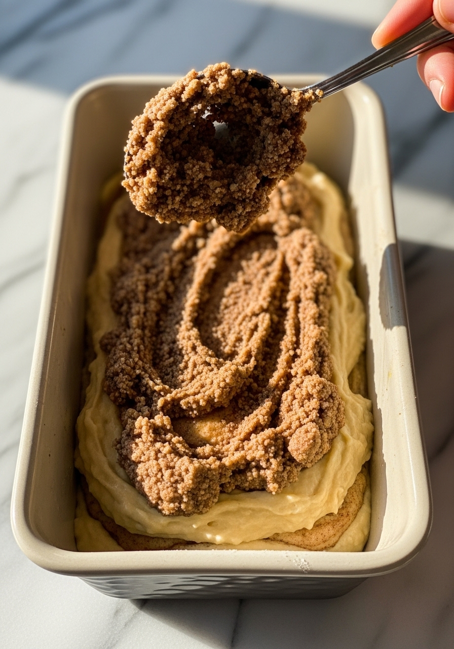 An action shot capturing the moment the rich, crumbly cinnamon-sugar swirl mixture is being gently spooned over the first layer of banana bread batter inside a ceramic loaf pan. The focus is on the textures and colors of the batter and swirl. The pan rests on marble countertops, illuminated by soft natural morning light, creating warm tones and gentle shadows. The scene is clean and tidy. NO HANDS.