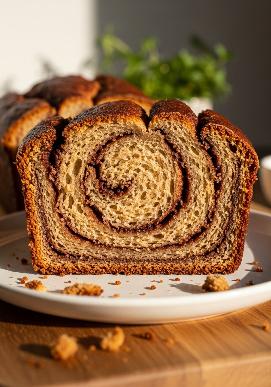 A super close-up detail shot of a thick slice of Homemade Cinnamon Swirl Banana Bread, perfectly displaying its prominent, moist, and tender cinnamon ribbon and beautifully golden brown crust. A few artful crumbs are scattered on the minimalist white plate beneath it. The slice is on the same wooden cutting board, with warm tones and soft shadows from natural morning light. Fresh herbs are softly blurred in the background, adding an authentic, appealing touch. NO HANDS.