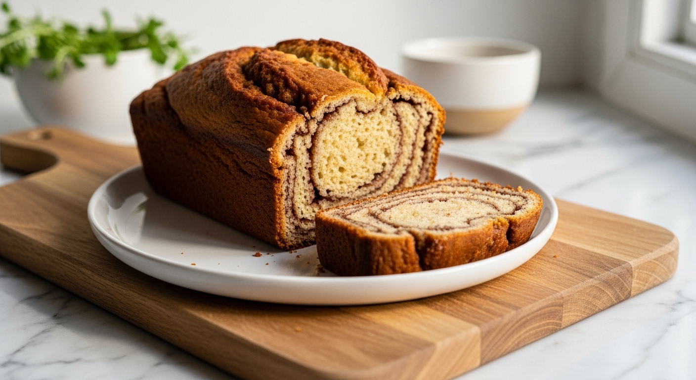 A mouth-watering, golden brown Homemade Cinnamon Swirl Banana Bread loaf, perfectly baked and sliced, resting on a minimalist white plate. The plate is positioned on the same wooden cutting board, on marble countertops. Natural morning light streams from an east window, casting soft shadows. Fresh herbs are visible in a ceramic bowl in the background. The presentation is clean and tidy, with warm tones, emphasizing the deliciousness and comfort of the bake. NO HANDS.