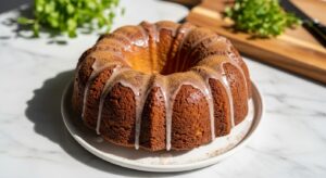 Hero shot of a beautifully baked, golden brown Cinnamon Swirl Sour Cream Bundt Cake, generously glazed and subtly dusted with cinnamon, resting on a minimalist white plate on marble countertops. Natural morning light from the east window casts soft shadows. Fresh herbs are visible in the background, next to the same wooden cutting board, creating a warm, inviting, and deliciously appealing scene with clean and tidy presentation.