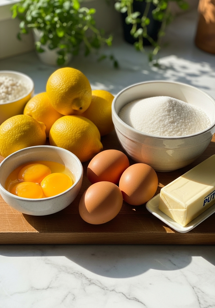 A beautifully arranged collection of fresh ingredients for Classic Lemon Meringue Pie: bright yellow lemons, a small bowl of egg yolks, whole eggs, granulated sugar in a ceramic bowl, flour, and a stick of butter, artfully displayed on a wooden cutting board against a marble countertop. Natural morning light casts gentle shadows, with fresh herbs visible in the soft-focus background. No hands or people.