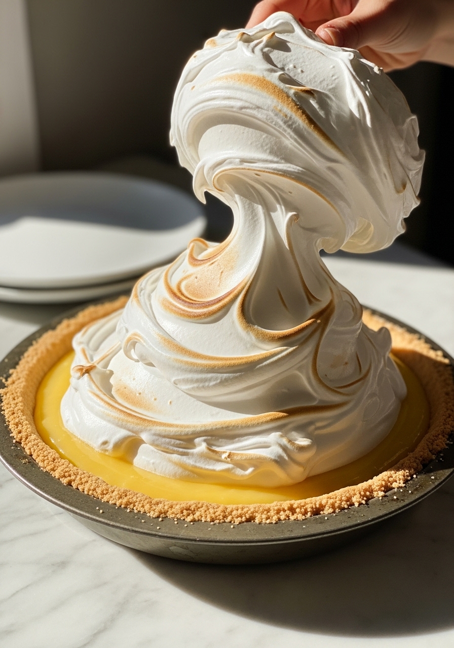 A crucial step in making Classic Lemon Meringue Pie: A generous mound of fluffy, white meringue with subtle golden peaks is being gently spread over the vibrant yellow lemon curd in a rustic metal pie dish, filling it to the edges. The scene is illuminated by warm, natural morning light on a marble countertop, with a minimalist white plate subtly in the background. No hands or people.