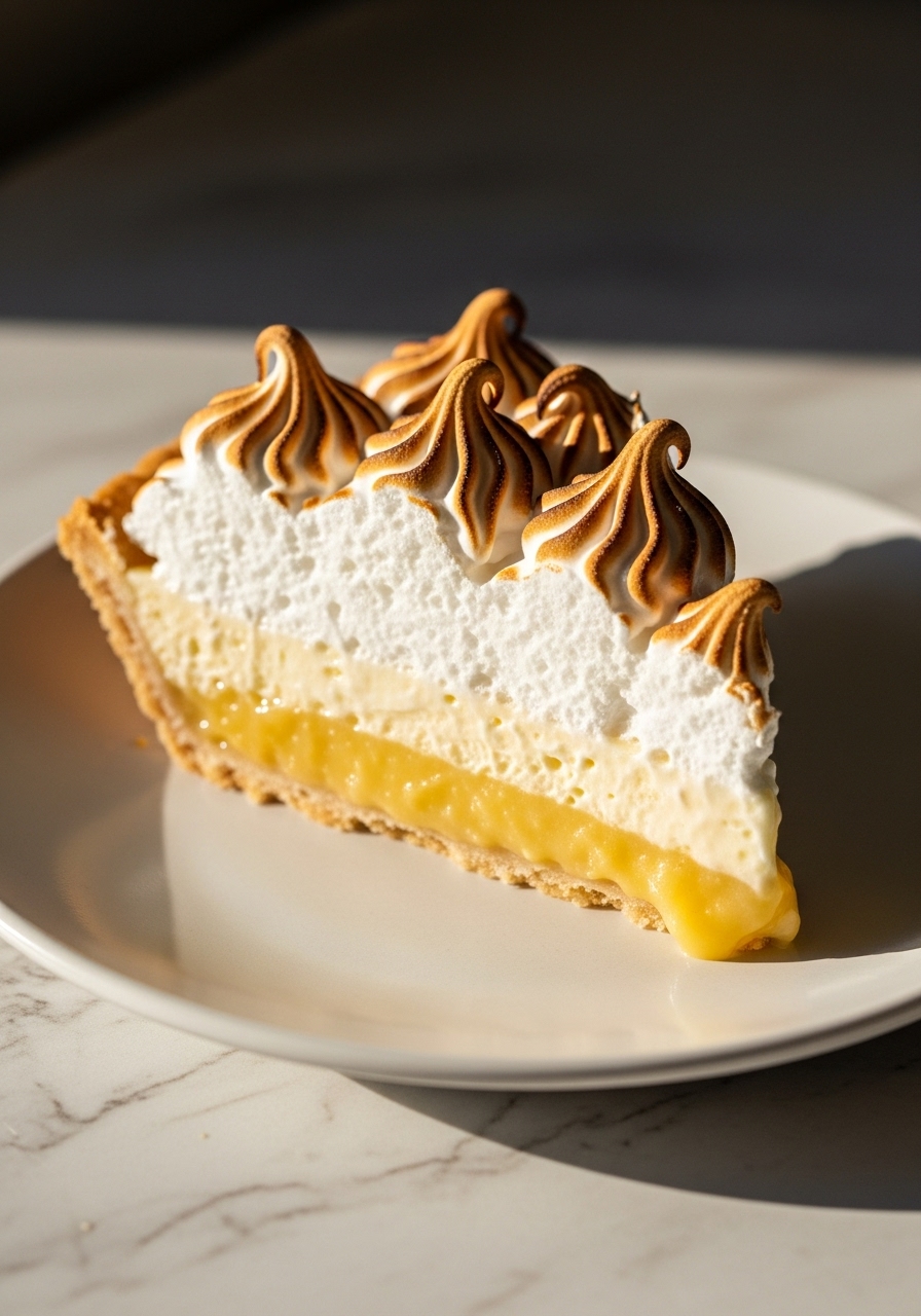 A close-up detail shot of a slice of the insanely yummy Classic Lemon Meringue Pie on a minimalist white plate, highlighting the perfectly toasted, golden-brown meringue swirls, the creamy pale yellow layer, and the rich, tangy lemon curd. The flaky pie crust is visible. The scene is presented cleanly on a marble countertop under warm, natural morning light, with soft shadows. No hands or people.