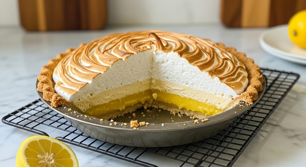 A mouth-watering Classic Lemon Meringue Pie with a large slice removed, showcasing the golden-brown swirled meringue topping, the pale yellow creamy layer, and the vibrant yellow lemon curd within a flaky, golden crust, resting in a vintage metal pie dish on a dark wire cooling rack. The pie is set on a light marble countertop with wood accents visible in the background, bathed in natural morning light, creating soft shadows. A fresh lemon half is subtly placed in the foreground. No hands or people.