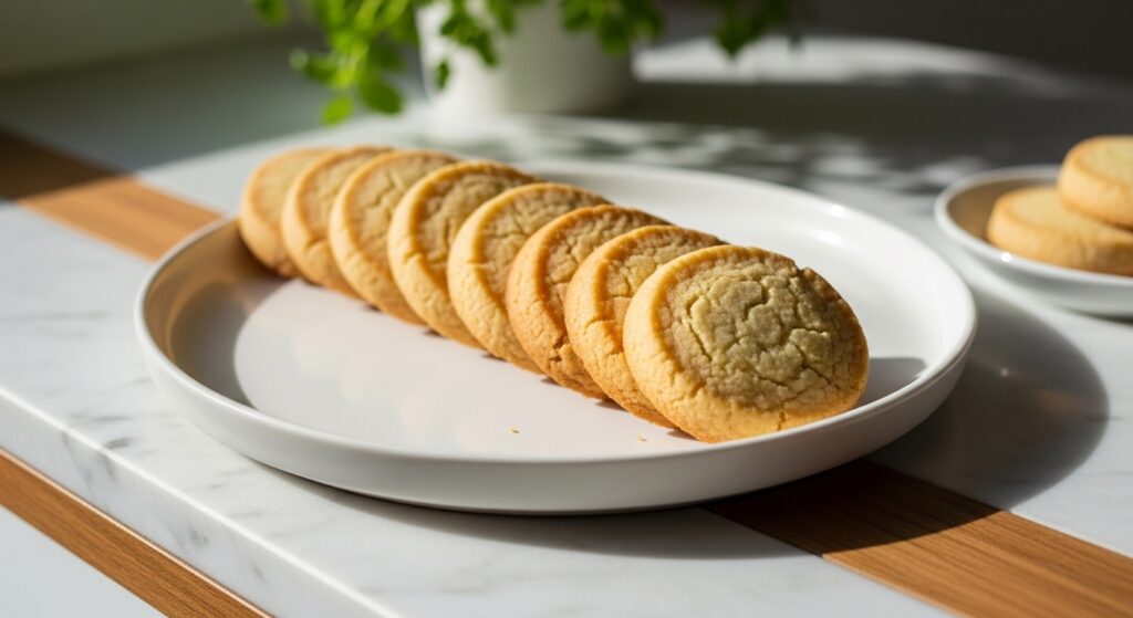 A beautifully styled 16:9 hero shot of golden brown classic shortbread cookies, neatly arranged on a minimalist white plate, placed on the marble countertop with a subtle wooden accent. Natural morning light casts soft shadows. Fresh green herbs are visible blurred in the background, adding a touch of life to the clean and tidy presentation. The cookies look deliciously appealing and tender.