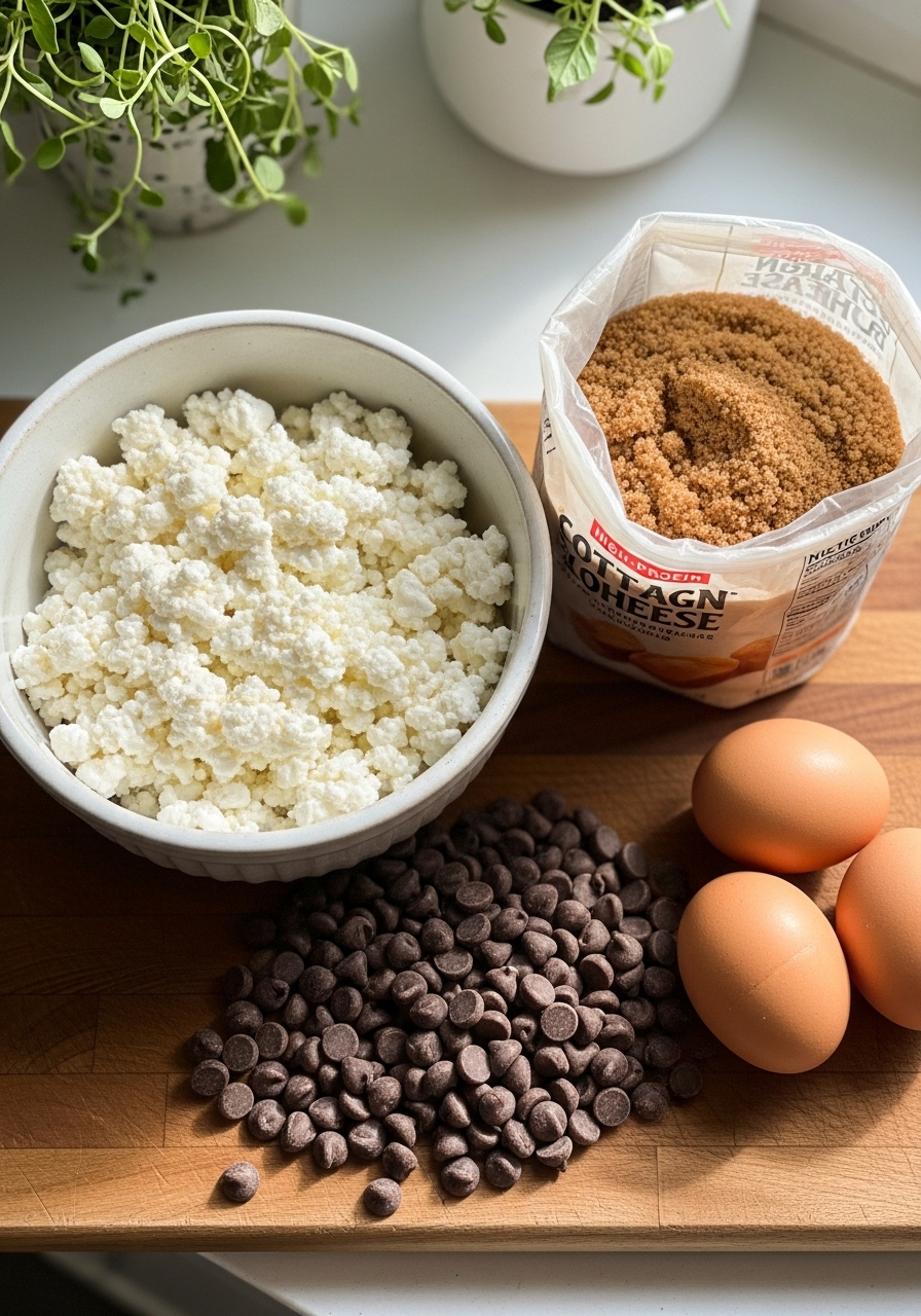 An inviting overhead shot of key ingredients for High-Protein Cottage Cheese Blondies: a ceramic bowl filled with creamy cottage cheese, a pile of chocolate chips, a golden brown bag of brown sugar, and a few eggs on the wooden cutting board, all bathed in natural morning light. Fresh herbs are visible in the soft-focused background, emphasizing a clean and tidy but lived-in kitchen. No hands are visible.
