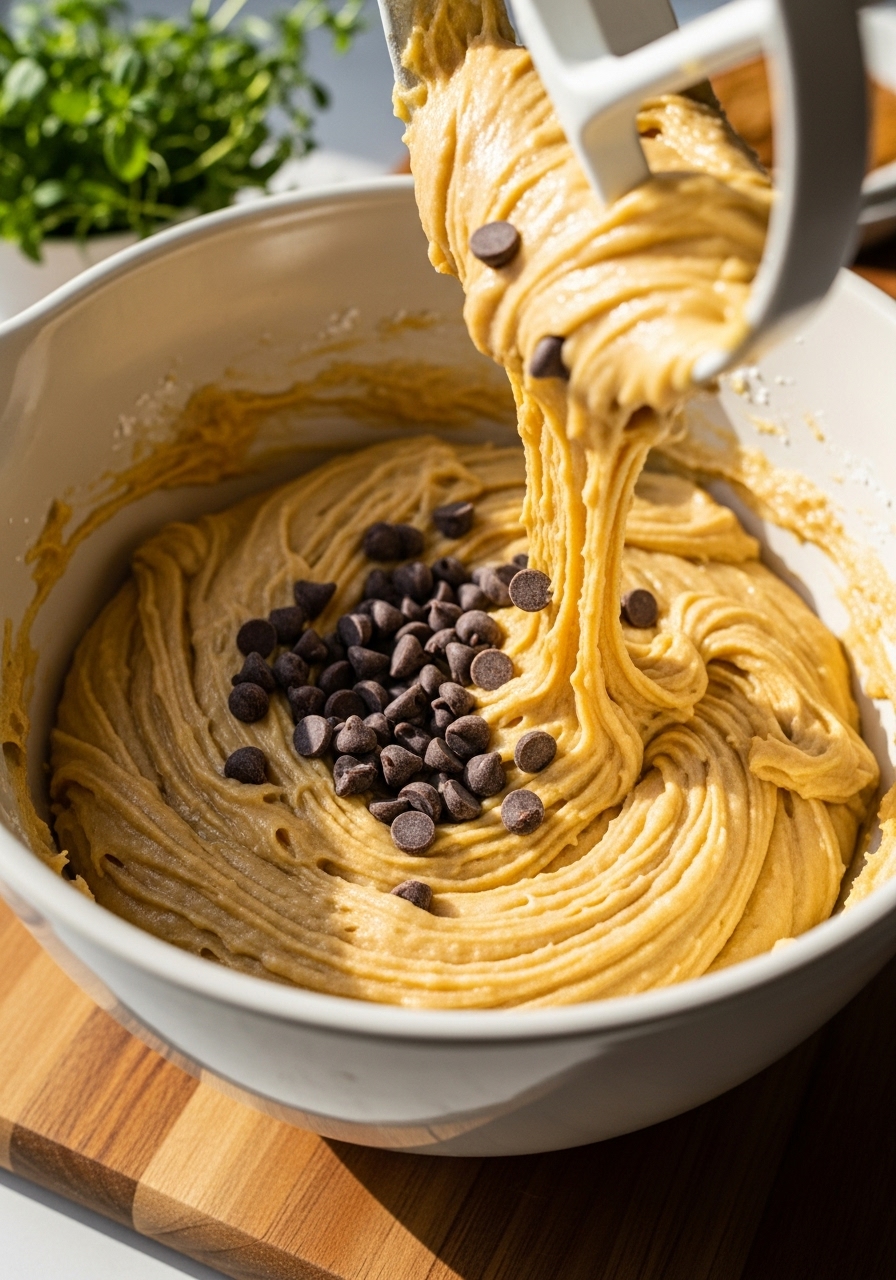 A 3:4 close-up shot of rich, golden blondie batter being gently folded with semi-sweet chocolate chips in a minimalist ceramic mixing bowl, resting on the wooden cutting board. The batter has a luscious, thick texture, subtly showing the blend marks. Natural morning light casts soft, warm shadows, and fresh herbs are in the background. No hands are visible, focusing solely on the beautiful mixture.