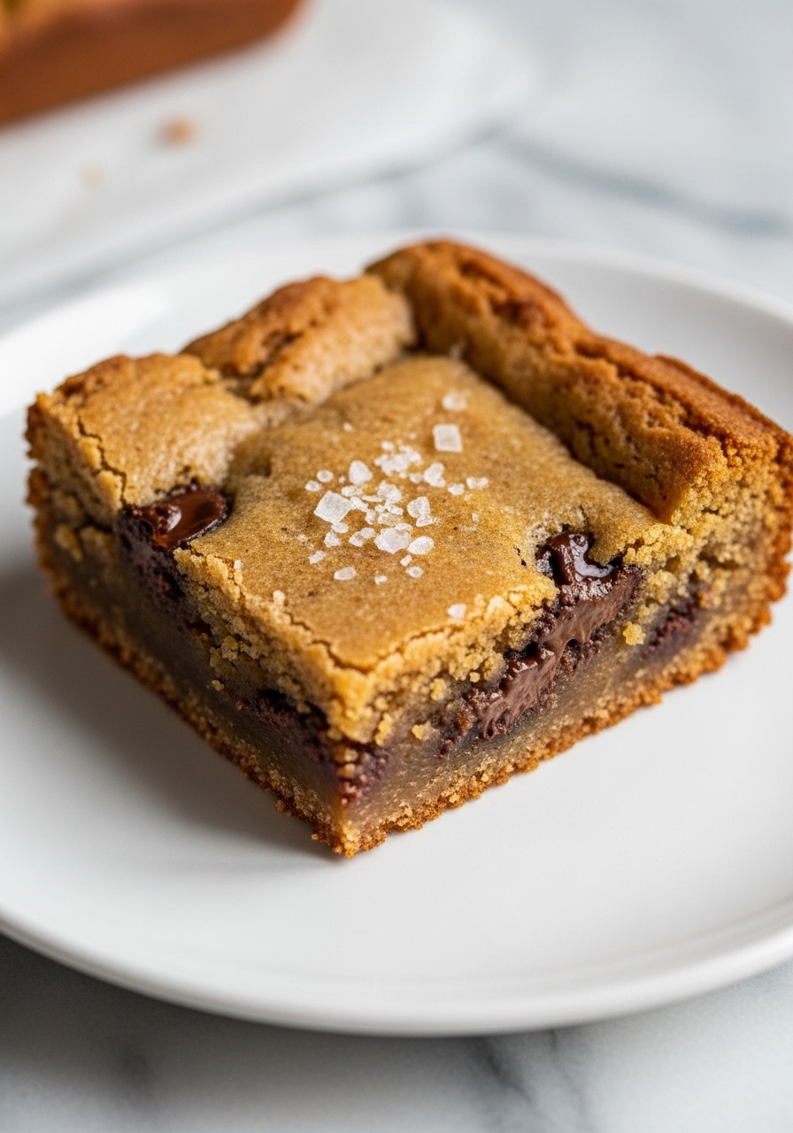 An extremely close-up, irresistible detail shot of a single gooey High-Protein Cottage Cheese Blondie square, cut and placed on a minimalist white plate. The blondie exhibits a perfectly golden-brown edge, a soft, chewy center, and visible pockets of melted chocolate. There's a slight, appealing sheen to the surface. Natural morning light highlights its delicious texture, with a subtle sprinkle of flaky sea salt on top for visual interest, against the marble countertop. No hands are visible.