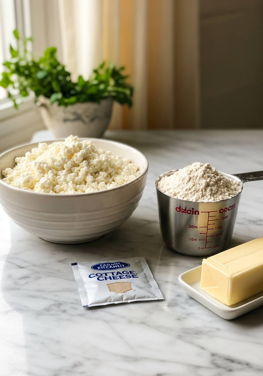 An inviting arrangement of key ingredients for Cottage Cheese Bread on marble countertops: a bowl of fluffy cottage cheese, a measuring cup of flour, a small packet of yeast, and a stick of butter. Fresh green herbs are visible in a small ceramic bowl in the softly lit background, creating warm tones and soft shadows. No hands.