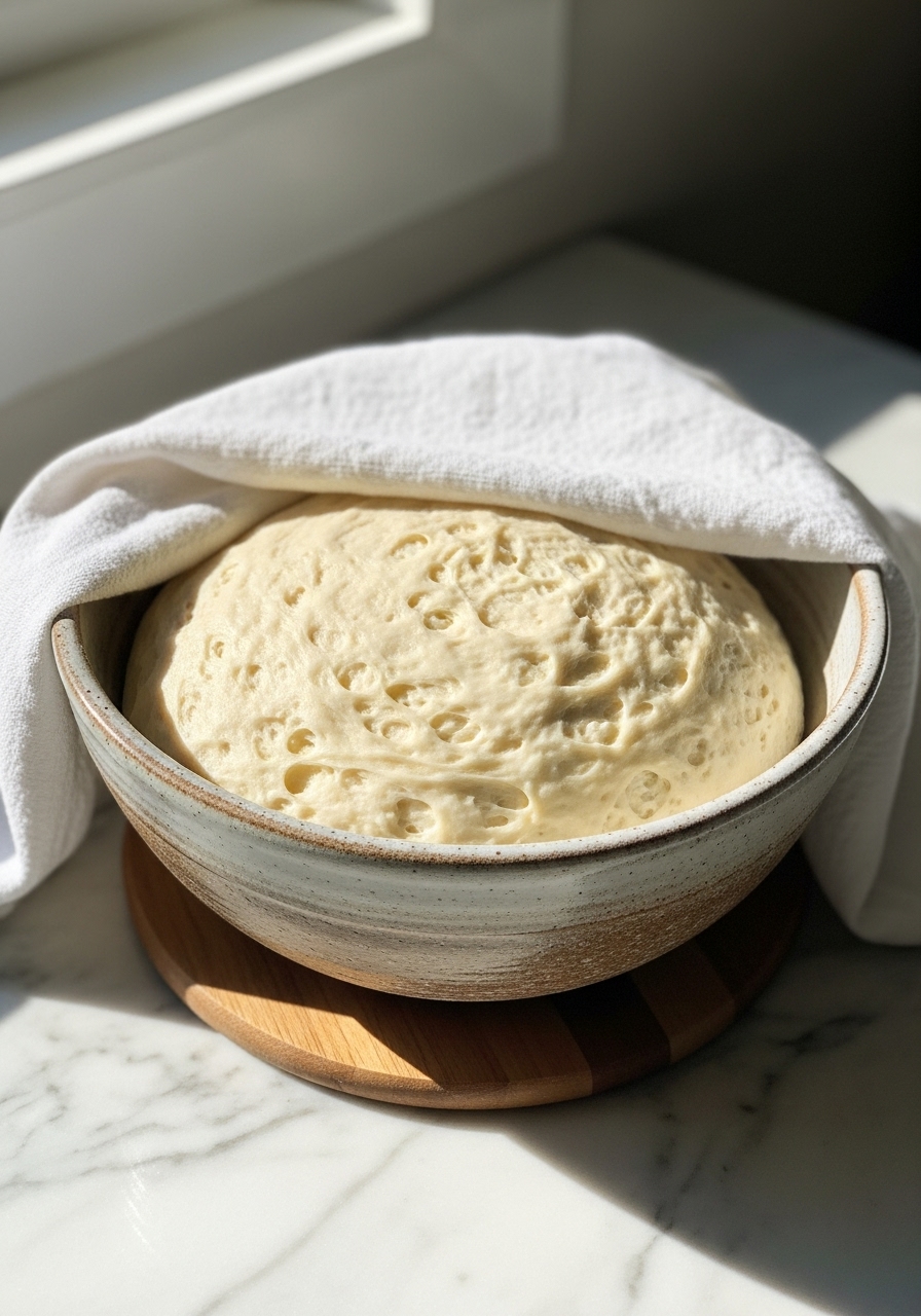 A rustic ceramic bowl filled with Cottage Cheese Bread dough, perfectly risen and expanded, covered lightly with a white linen towel. The bowl sits on a wooden accent amidst marble countertops, bathed in natural morning light from an east window, highlighting the airy texture before shaping. No hands.