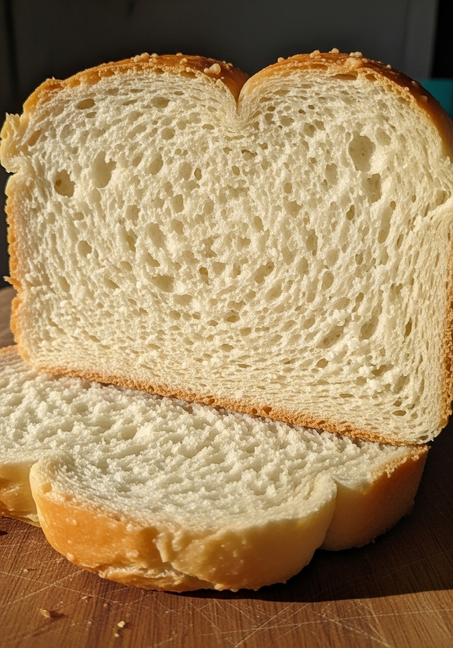 A close-up detail shot of a stack of two slices of freshly baked Cottage Cheese Bread, revealing the incredibly soft, moist, and tender white crumb with its delicate texture and the subtle golden hue of the crust. The slices are on the wooden cutting board, illuminated by natural morning light, creating appealing soft shadows. No hands.