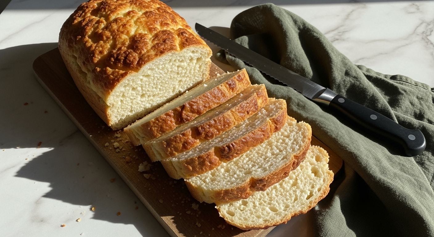 A beautifully sliced loaf of Cottage Cheese Bread, with several slices fanned out on the wooden cutting board. The bread has a perfectly golden brown crust and a soft, airy, white interior. A serrated knife and a dark green linen napkin are artfully placed next to the bread. The scene is bathed in natural morning light from an east window, creating soft shadows on the marble countertops, showcasing a clean and tidy presentation with warm tones. No hands.
