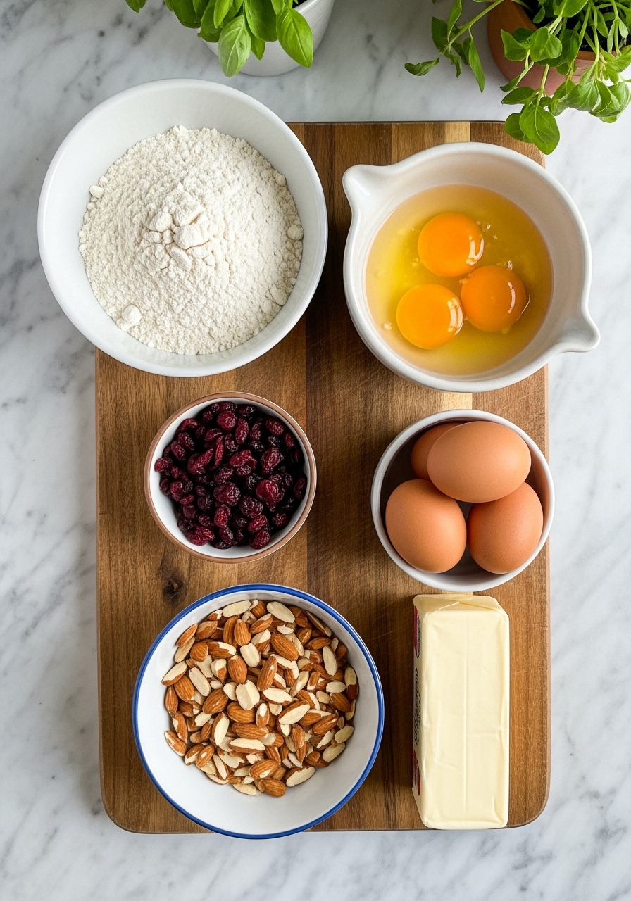 An overhead shot of key ingredients for Cranberry Almond Biscotti laid out neatly on the wooden cutting board: a bowl of flour, a small pile of dried cranberries, a bowl of sliced almonds, eggs in a ceramic bowl, and a stick of butter. Natural morning light illuminates the scene, with the marble countertops and fresh herbs in the background.