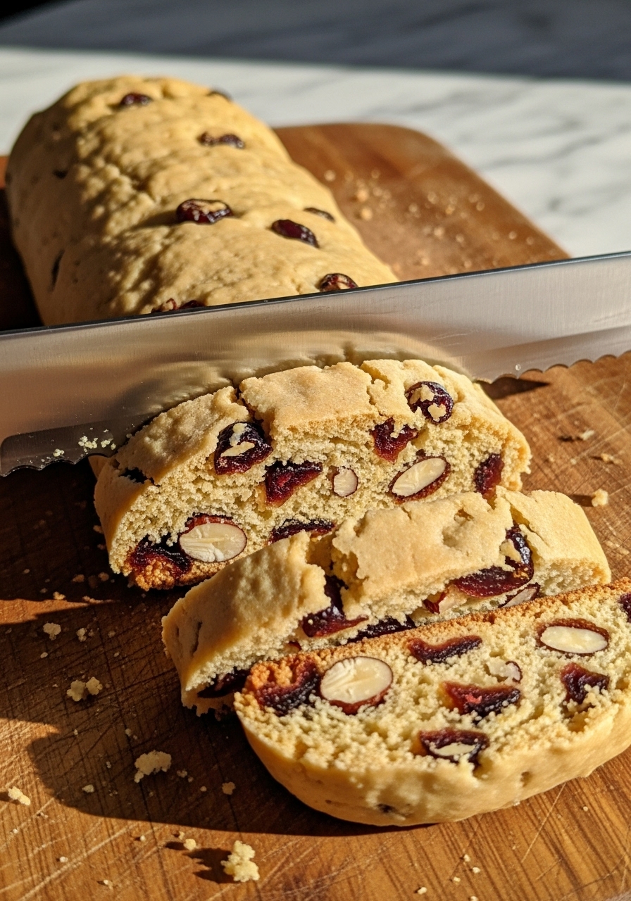 A close-up action shot focusing on a log of Cranberry Almond Biscotti dough being sliced with a serrated knife on the wooden cutting board, prior to the second bake. The dough is golden-brown, with visible cranberries and almonds peeking through. Natural morning light creates soft shadows, with marble countertops visible in the periphery.