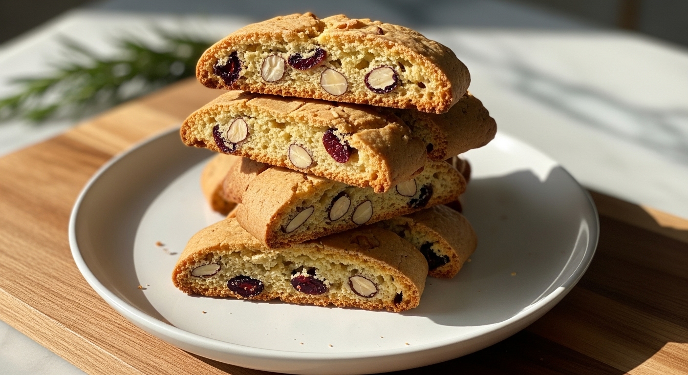 A beautifully plated stack of golden-brown Cranberry Almond Biscotti on a minimalist white plate, resting on the wooden cutting board. Natural morning light casts soft shadows. A sprig of fresh rosemary is subtly visible in the background, with the marble countertops gleaming softly. The biscotti pieces are perfectly crisp with visible cranberries and almonds, looking deliciously appealing.