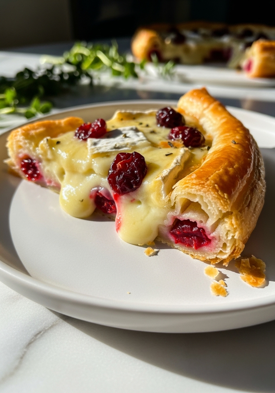 A close-up detail shot of a slice of the warm, deliciously appealing Cranberry Brie in Puff Pastry Tart on a minimalist white plate, showcasing the creamy melted brie, vibrant cranberries, and perfectly golden, flaky puff pastry. Natural morning light highlights the gooey texture and subtle golden edges, with soft shadows on the marble countertops and fresh herbs blurring in the background.