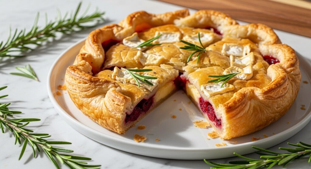 Mouth-watering Cranberry Brie in Puff Pastry Tart, golden brown and flaky, sliced on a minimalist white plate on marble countertops. Fresh rosemary sprigs are scattered around it, with natural morning light creating soft shadows. The wooden cutting board is subtly visible in the background, showcasing a warm, clean, and tidy presentation.