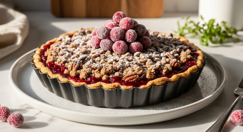 A mouth-watering Cranberry Crumb Tart in a fluted tart pan, beautifully plated on a minimalist white plate on marble countertops. The tart features a golden-brown fluted crust, a vibrant red cranberry filling showing through, a generous crumbly streusel topping with visible pecans, and is crowned with a cluster of sugared cranberries. It's lightly dusted with powdered sugar. The scene is bathed in soft natural morning light, with subtle warm tones, hints of wood accents, and a sprig of fresh herbs in the background. The presentation is clean and tidy with soft shadows, highlighting its deliciously appealing texture. No hands.