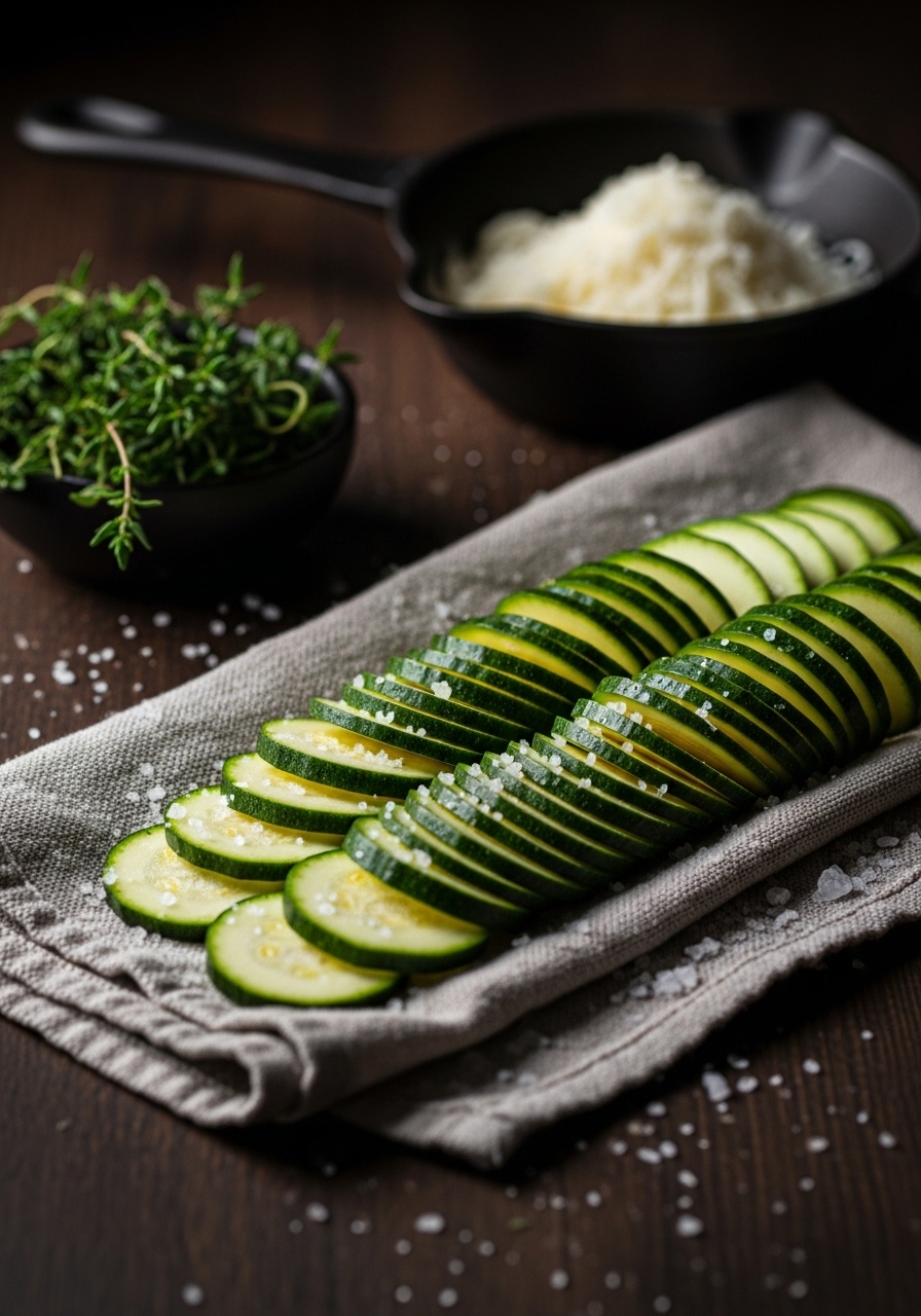 A 3:4 close-up shot of raw zucchini slices, thinly and uniformly cut, resting on a clean kitchen towel sprinkled with coarse sea salt, allowing moisture to be drawn out. The scene is set on dark wood countertops with moody, dramatic lighting. In the background, a rustic cast iron bowl holds fresh grated Parmesan and a small bunch of fresh thyme. Ingredients are shown in their raw, beautiful state with deep shadows. NO HANDS.