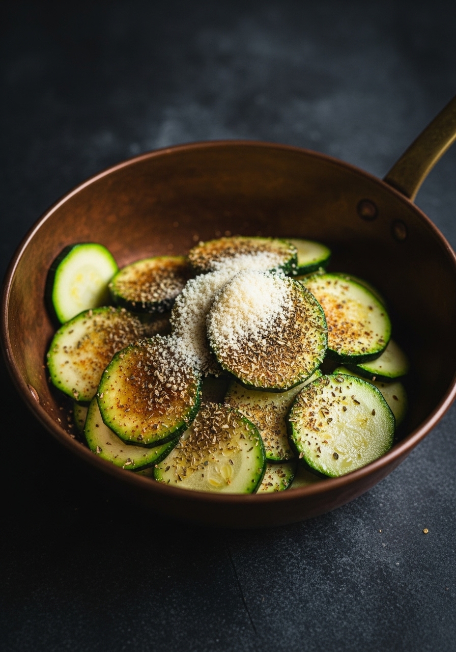 A 3:4 action shot of thinly sliced zucchini being gently tossed in a rustic copper bowl with olive oil, finely grated Parmesan, garlic powder, and dried herbs. The focus is on the textured coating adhering to the zucchini. The moody, dramatic lighting highlights the vibrant colors of the zucchini and the golden parmesan. The background features dark soapstone countertops and deep shadows. The composition conveys a passionate artisan's workspace. NO HANDS.