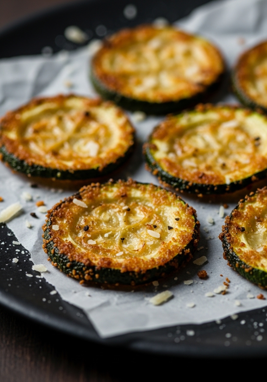 A 3:4 super close-up detail shot of several Crispy Parmesan Zucchini Chips, perfectly golden-brown and glistening with parmesan, arranged on a piece of parchment paper on a dark stoneware plate. The texture is emphasized, showing the irresistible crispiness. Subtle crumbs of parmesan are artfully scattered around, conveying an elegant mess. Moody, dramatic lighting creates rich colors and deep shadows, enhancing the sophisticated and aspirational feel. NO HANDS.