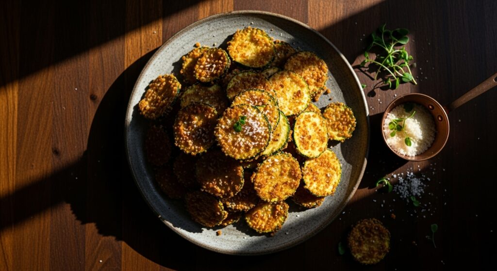 A beautifully composed 16:9 overhead shot of a mound of golden-brown Crispy Parmesan Zucchini Chips piled high on a rustic, artisanal stoneware platter, placed centrally on dark wood countertops. Dramatic late afternoon sun casts long, deep shadows, highlighting the crisp texture of the chips and the vibrant green flecks of zucchini. A small copper bowl with a sprinkle of extra parmesan sits to the side, with fresh herbs adding a touch of elegant mess. The focus is on appetite appeal, with rich colors and sophisticated, aspirational feel. NO HANDS.