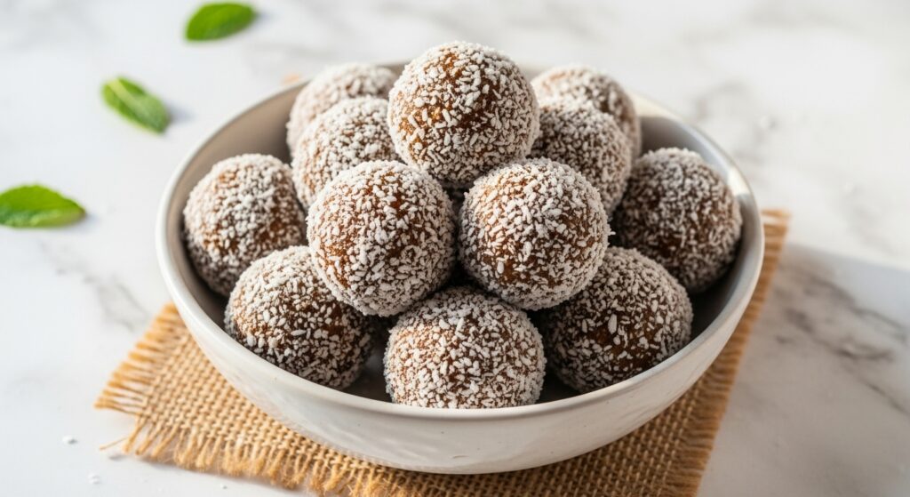 A beautifully arranged ceramic bowl filled with perfectly round, generously coconut-coated date energy balls. The bowl sits on a white marble countertop with a rustic burlap fabric peeking out from underneath, all bathed in soft, natural morning light from an east window. A few scattered fresh mint leaves are subtly visible in the background, adding a touch of green. The overall scene has warm tones and a clean, tidy presentation, emphasizing the deliciousness of the date energy balls. NO HANDS.