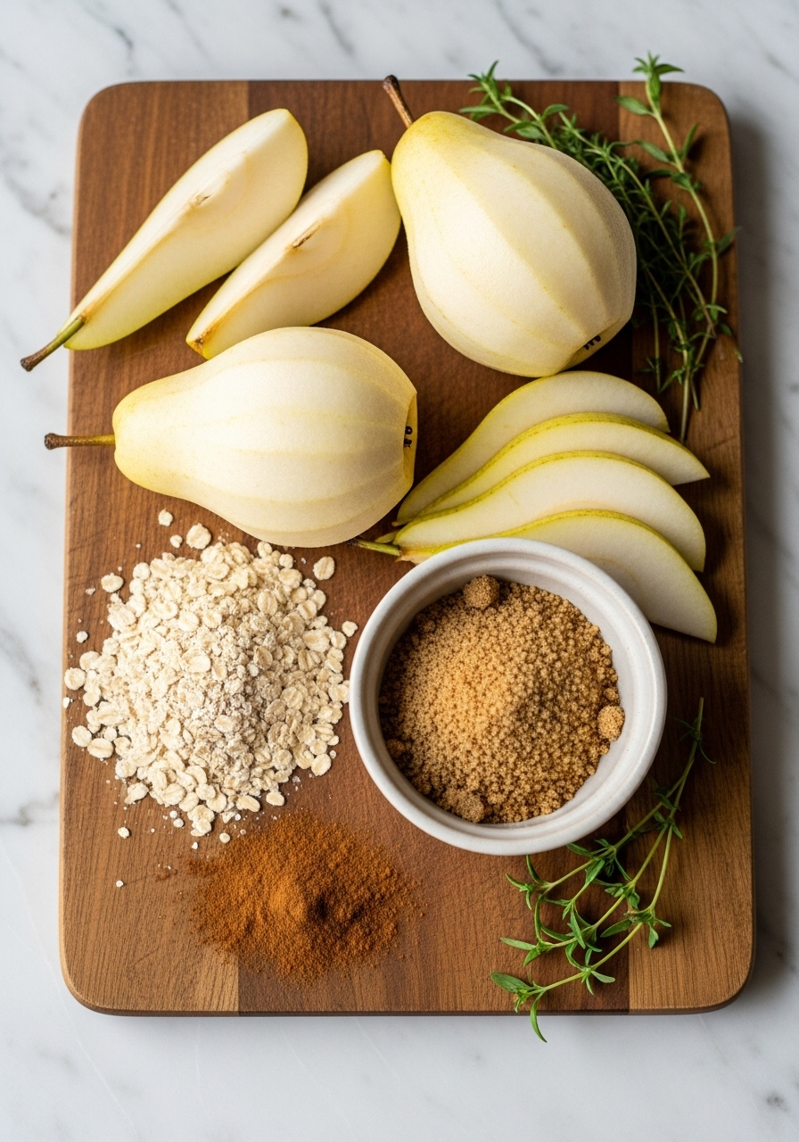 A close-up overhead shot of key ingredients for Dutch Pear Pie: perfectly peeled and sliced firm pears, a small ceramic bowl of brown sugar, a rustic pile of old-fashioned oats, and a sprinkle of cinnamon, all arranged on the same wooden cutting board on marble countertops, with fresh herbs subtly visible in the soft natural morning light.