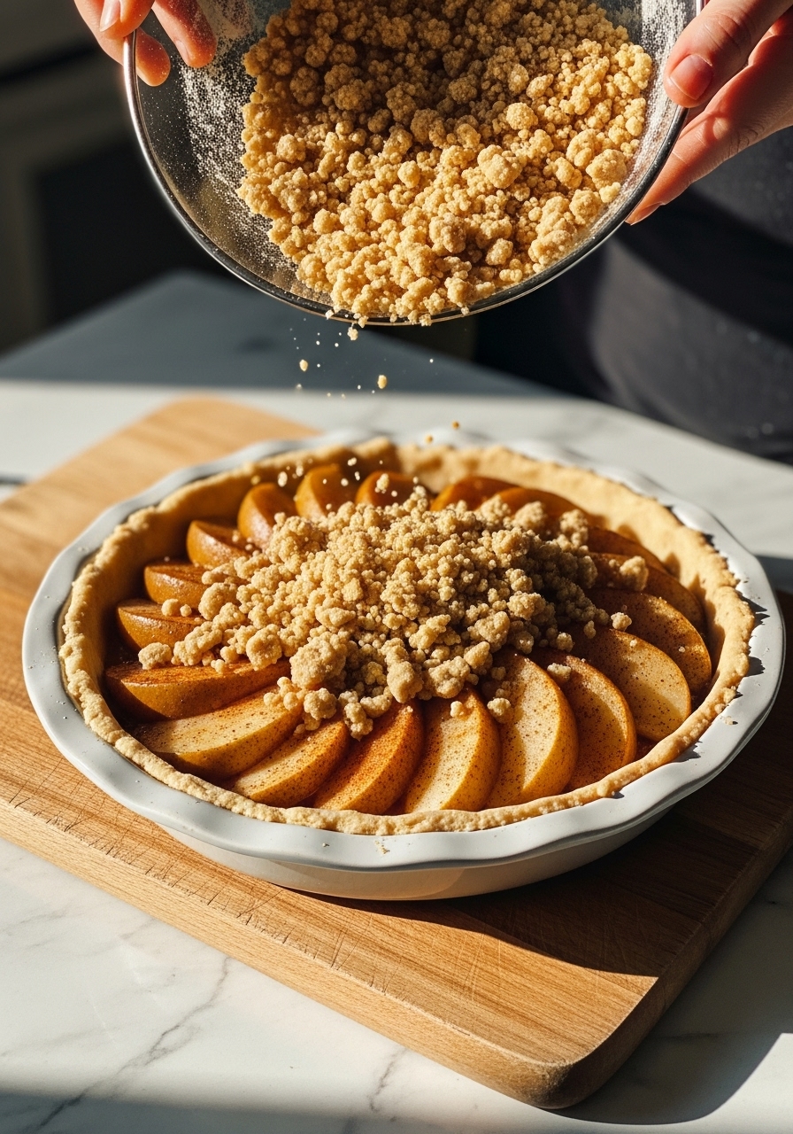 An action shot, mid-process, showing golden-brown streusel topping being gently sprinkled over a pie dish filled with spiced pear slices. The pie dish rests on the wooden cutting board on marble countertops. The scene is brightened by natural morning light, with warm tones and soft shadows. No hands visible.