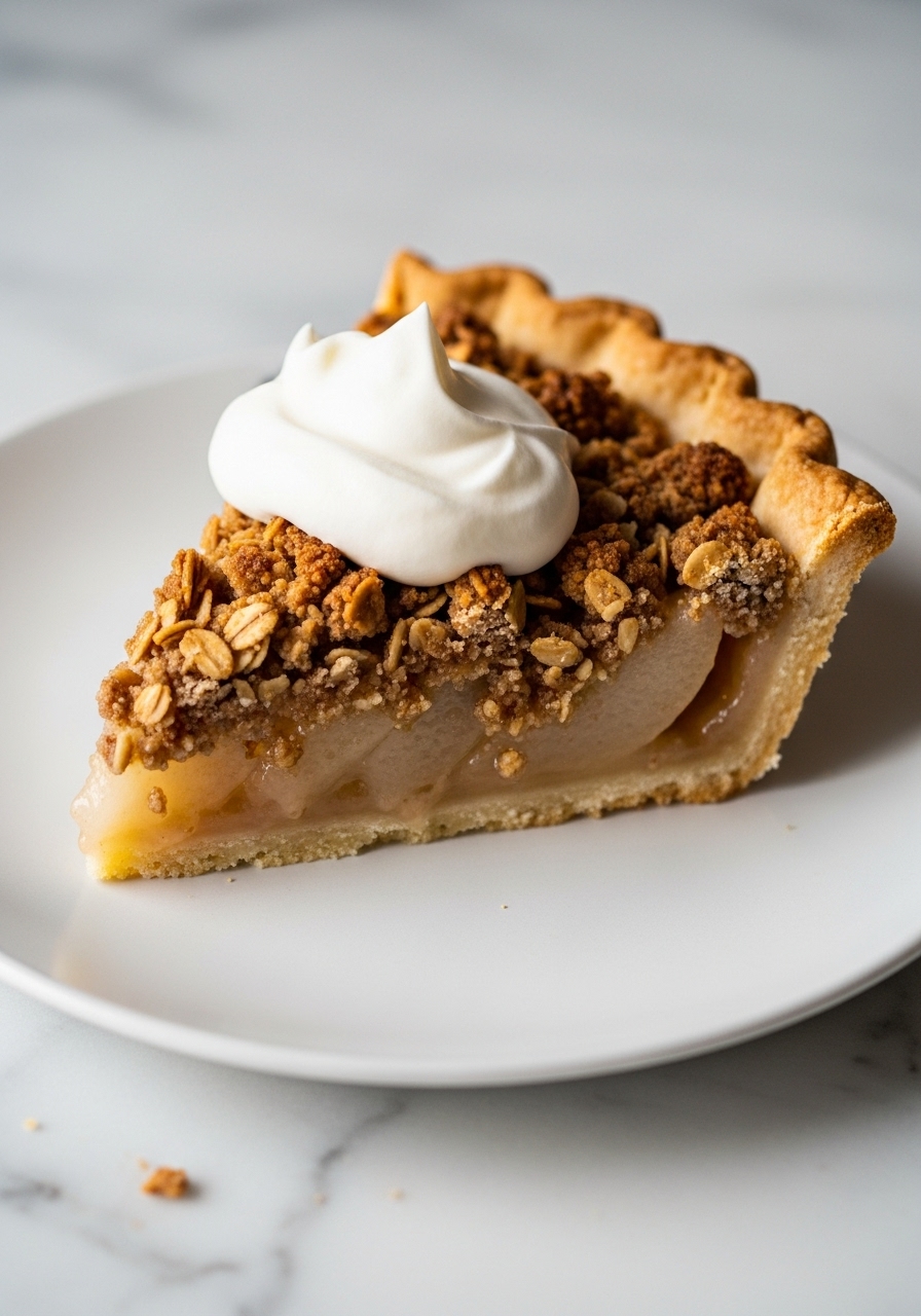 A delicious, rustic close-up of a single slice of Dutch Pear Pie on a minimalist white plate, showcasing the tender, glistening pear filling and the crunchy, golden-brown oat streusel topping with a delightful dollop of white whipped cream. The pie's edges are perfectly crimped. The shot is taken on marble countertops in natural morning light, emphasizing texture and warmth. A faint crumb or two adds to the authentic, lived-in feel.