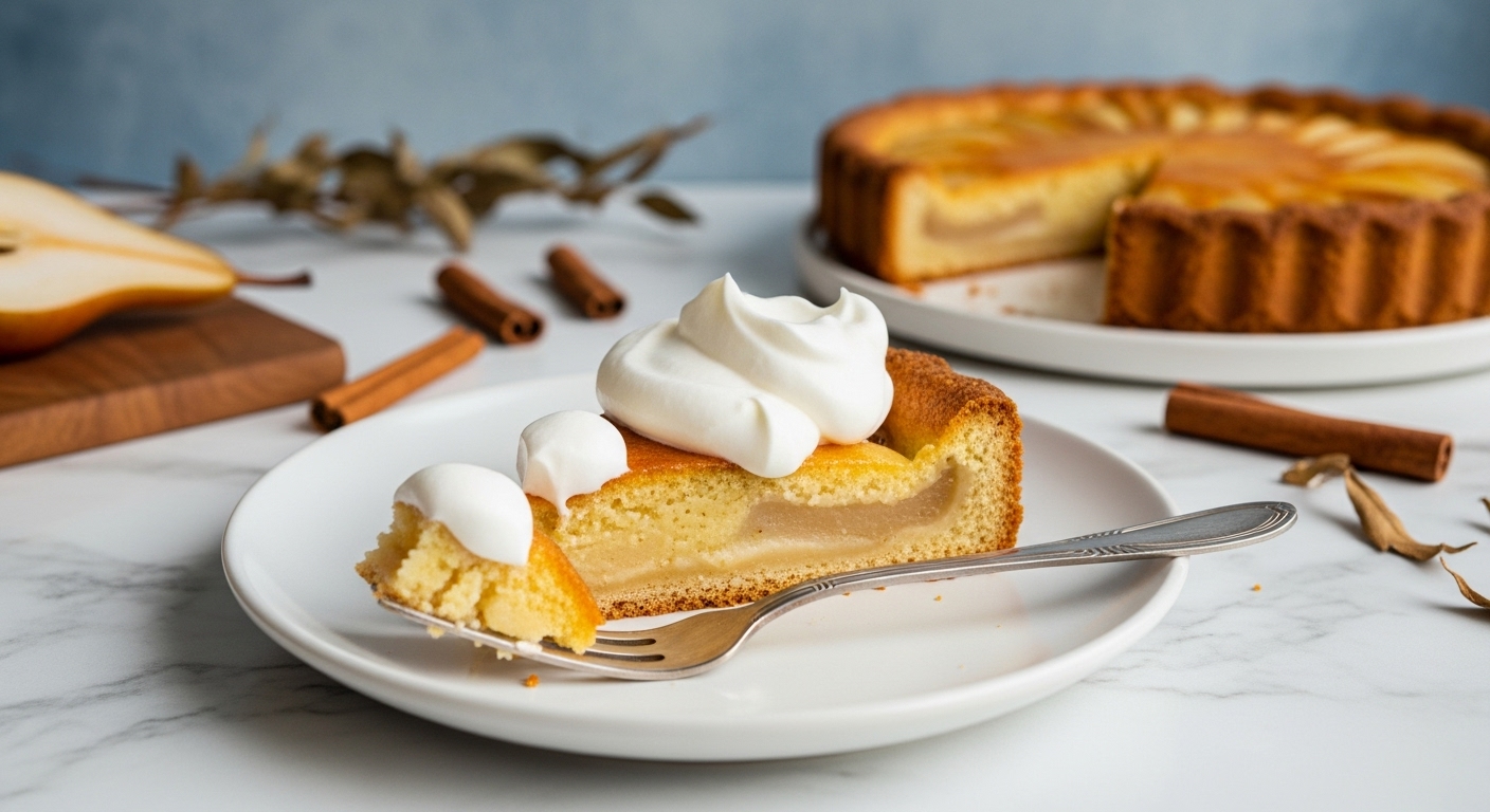 A beautifully composed slice of delicious, golden-brown Dutch Pear Pie on a minimalist white plate, topped with a generous dollop of white whipped cream. A vintage silver fork with a small bite of pie is resting on the plate. The background features a subtle blueish textured surface, with a few cinnamon sticks and dried foliage artfully placed, all bathed in soft natural morning light from an east window on marble countertops with wood accents. The overall scene is clean, tidy, and exudes warm tones.