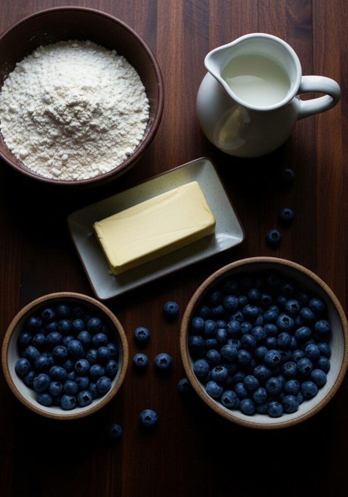 Easy Scone Recipe A 3:4 overhead shot of raw ingredients for Fluffy Blueberry Scones, beautifully arranged on a dark wood countertop. A bowl of all-purpose flour, a block of very cold butter, a bowl of fresh blueberries, and a pitcher of buttermilk are artfully placed. Moody, dramatic late afternoon light creates deep shadows and rich colors, emphasizing the natural beauty of the ingredients. Rustic stoneware bowls hold the flour and blueberries, enhancing the artisanal workspace feel.