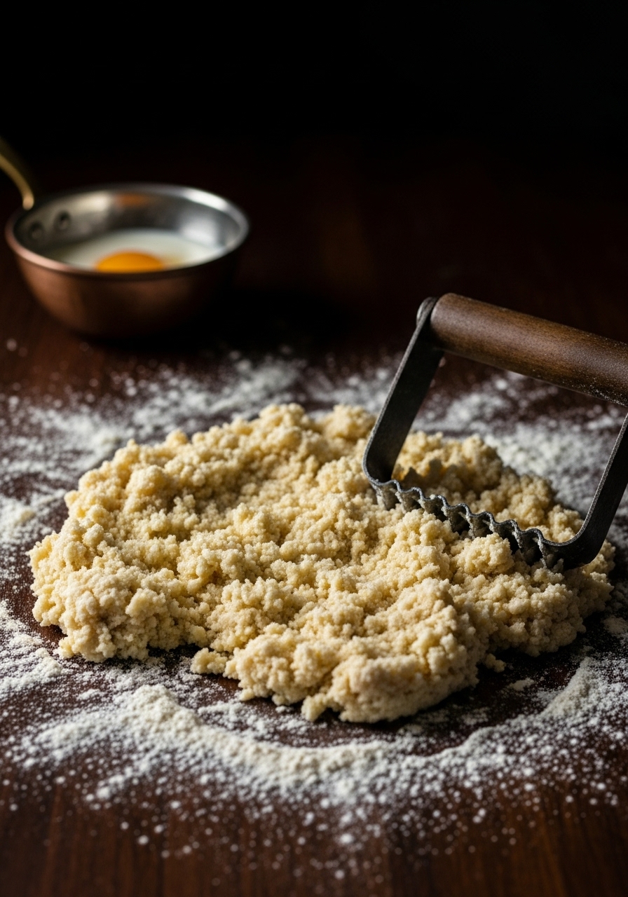A 3:4 action shot capturing the texture of scone dough after cold, grated butter has been cut into flour, resembling coarse crumbs. The scene is set on a dark wood countertop, with a rustic cast iron pastry blender partially visible. Moody, dramatic lighting from a late afternoon sun highlights the dry, shaggy texture of the flour and butter mixture, with elegant shadows. A small copper bowl with a single egg and buttermilk is in the soft background, hinting at the next step, without any hands or people visible.