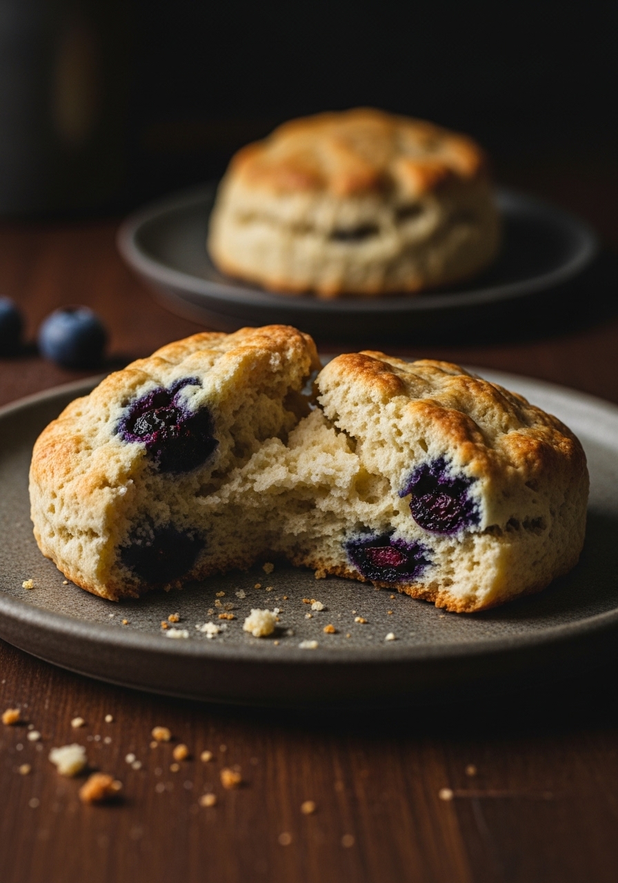 A 3:4 super close-up detail shot of a perfectly golden brown, deliciously appealing Fluffy Blueberry Scone, split open to reveal its tender, airy crumb and juicy blueberries. It rests on a rustic stoneware plate on a dark wood countertop, with moody, dramatic late afternoon lighting creating rich tones and deep shadows. A subtle, elegant mess of a few stray crumbs highlights its homemade charm, emphasizing texture and depth.