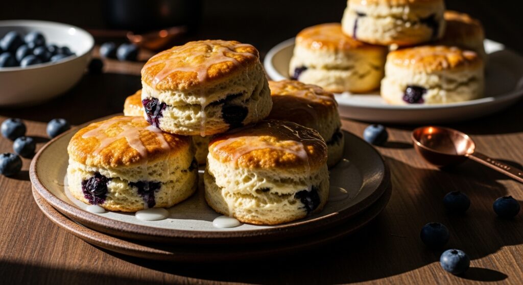 A beautifully styled 16:9 hero shot of a stack of golden brown, mouth-watering Fluffy Blueberry Scones, glistening with a light drizzle of glaze. The scones are arranged on rustic, artisanal pottery plates, set on a dark wood countertop. Natural late afternoon sun casts deep shadows, highlighting the rich colors and textures. A few scattered fresh blueberries and a copper measuring spoon are visible in the background, adding to the sophisticated and aspirational feel.
