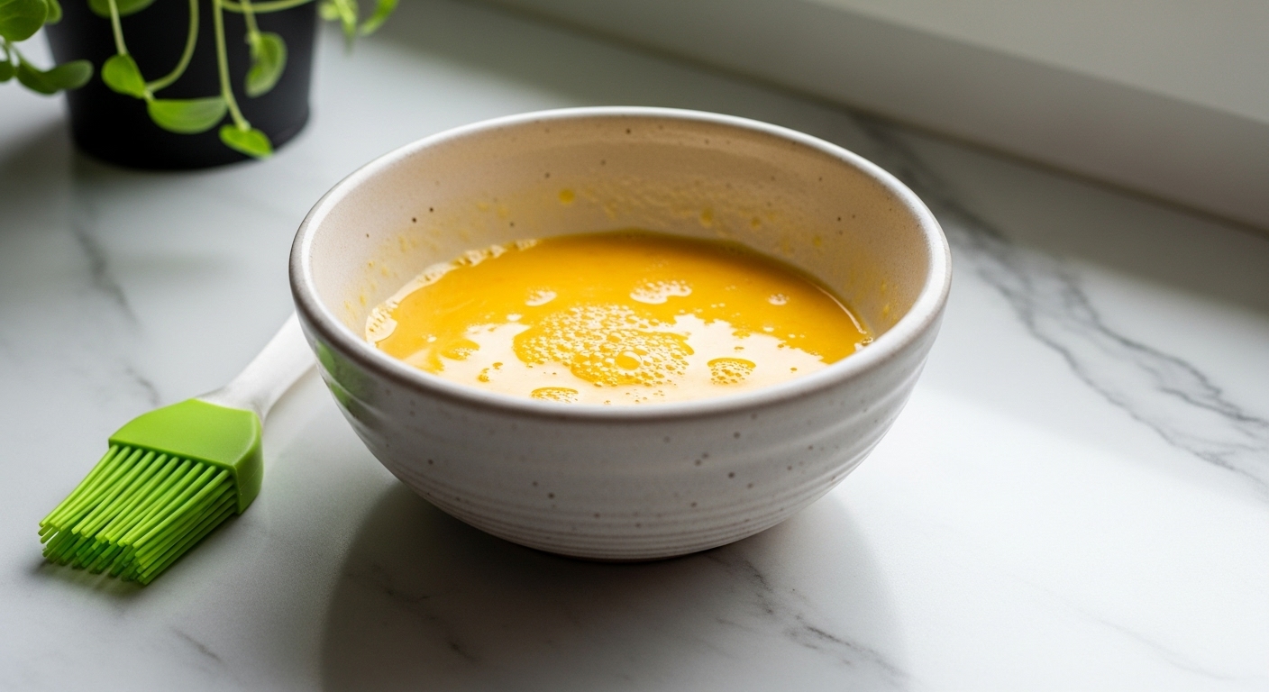A beautifully composed 16:9 shot of a rustic white ceramic bowl filled with bright yellow whisked egg wash, prominently featured on a clean white marble countertop. A bright green silicone basting brush is elegantly placed beside the bowl, with a few fresh green herbs in a small pot visible in the background, all bathed in natural morning light from the east window. The presentation is clean and tidy, with soft shadows and warm tones, reflecting a genuine love for the process.
