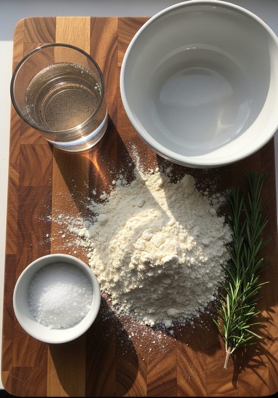 An overhead shot of key ingredients for focaccia bread laid out on the wooden cutting board next to a minimalist white ceramic bowl. Ingredients include a small glass of warm water with yeast blooming, a pile of all-purpose flour, a small bowl of coarse sea salt, and a sprig of fresh rosemary, all bathed in natural morning light from the east window, with soft shadows.