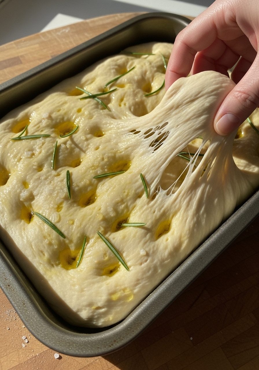 A close-up action shot of freshly made focaccia dough, covered in olive oil, being gently dimpled in a rectangle baking pan. The dough shows good elasticity and a few air bubbles, topped with visible fresh rosemary sprigs and coarse sea salt, on the wooden cutting board under natural morning light.