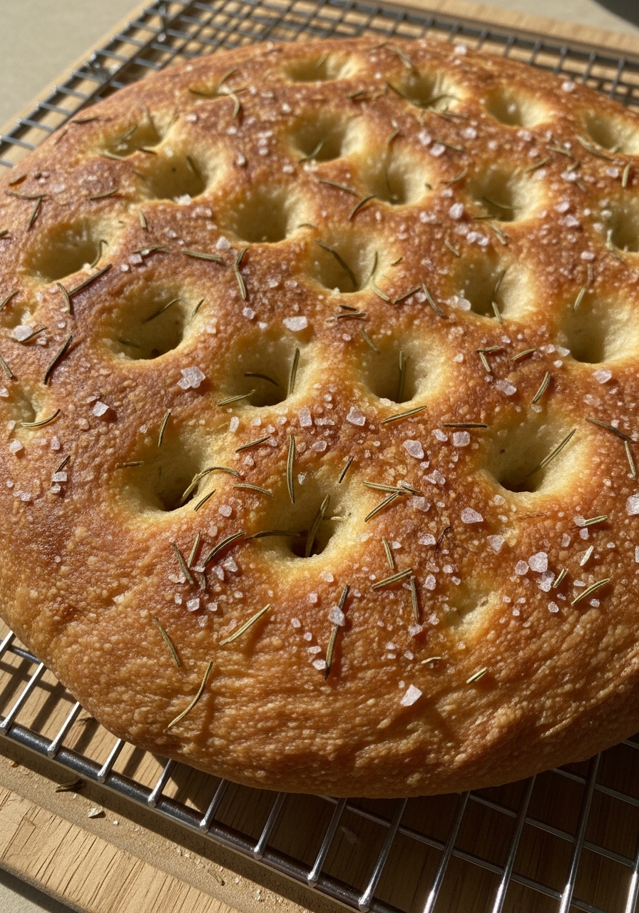 A super close-up detail shot of the top surface of a golden brown, freshly baked focaccia bread on a metal cooling rack. Focus on the crispy texture of the crust, the deep dimples, the dried rosemary, and the glistening coarse sea salt, showcasing the deliciousness under warm natural light, on the same wooden cutting board.