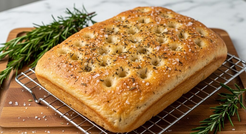 A beautifully golden brown, mouth-watering rectangular focaccia bread, rich with dimples, dried herbs, and coarse sea salt, cooling on a wire rack placed on a warm wooden cutting board. Fresh rosemary sprigs are artfully arranged nearby, capturing the natural morning light with soft shadows, consistent with the clean and tidy presentation of the kitchen with marble countertops visible in the background.