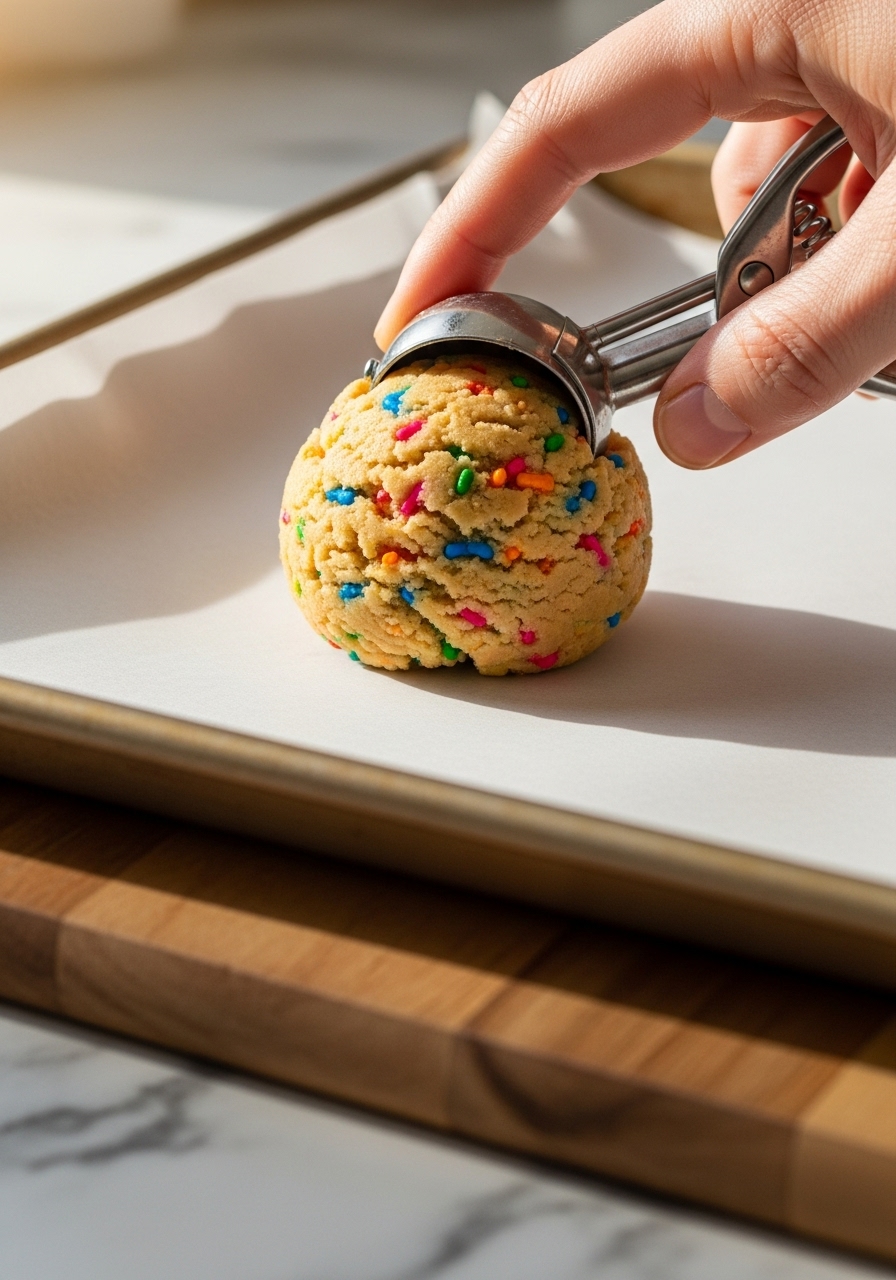 An action shot (3:4 aspect ratio) capturing the process of scooping cookie dough. A perfectly rounded ball of golden-brown Funfetti cookie dough, already studded with rainbow sprinkles, is gently placed onto a parchment-lined baking sheet. The scene is on marble countertops with the wooden cutting board visible, illuminated by natural morning light with warm tones. No hands visible.