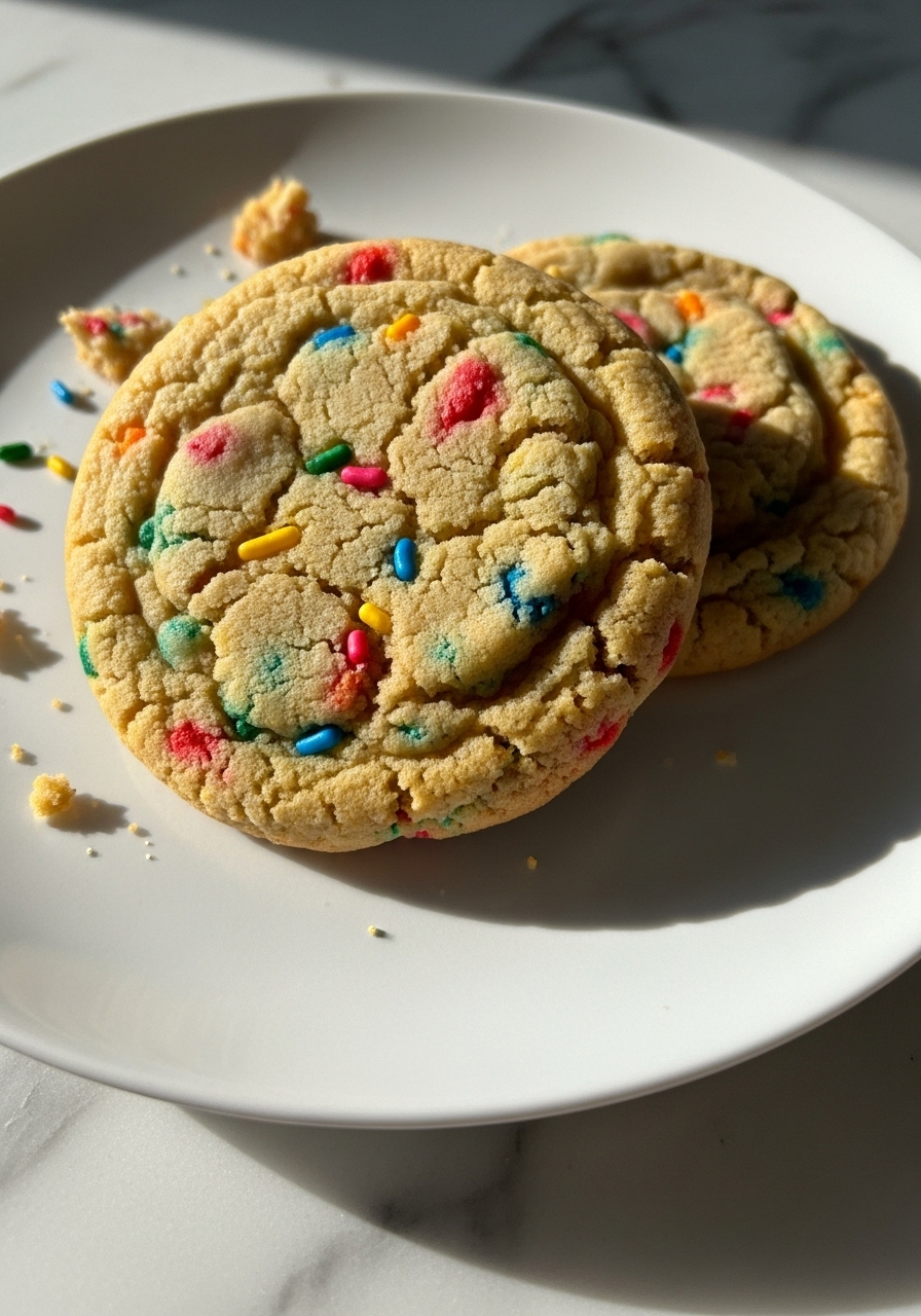 A close-up detail shot (3:4 aspect ratio) of one or two freshly baked, golden brown Funfetti Cookies, showcasing their deliciously appealing, slightly crinkled, chewy texture and the vibrant, un-bled rainbow sprinkles. A few artful crumbs are visible on the minimalist white plate. The cookies are placed on marble countertops, illuminated by warm natural morning light from the east window, highlighting their irresistible charm. No hands visible.