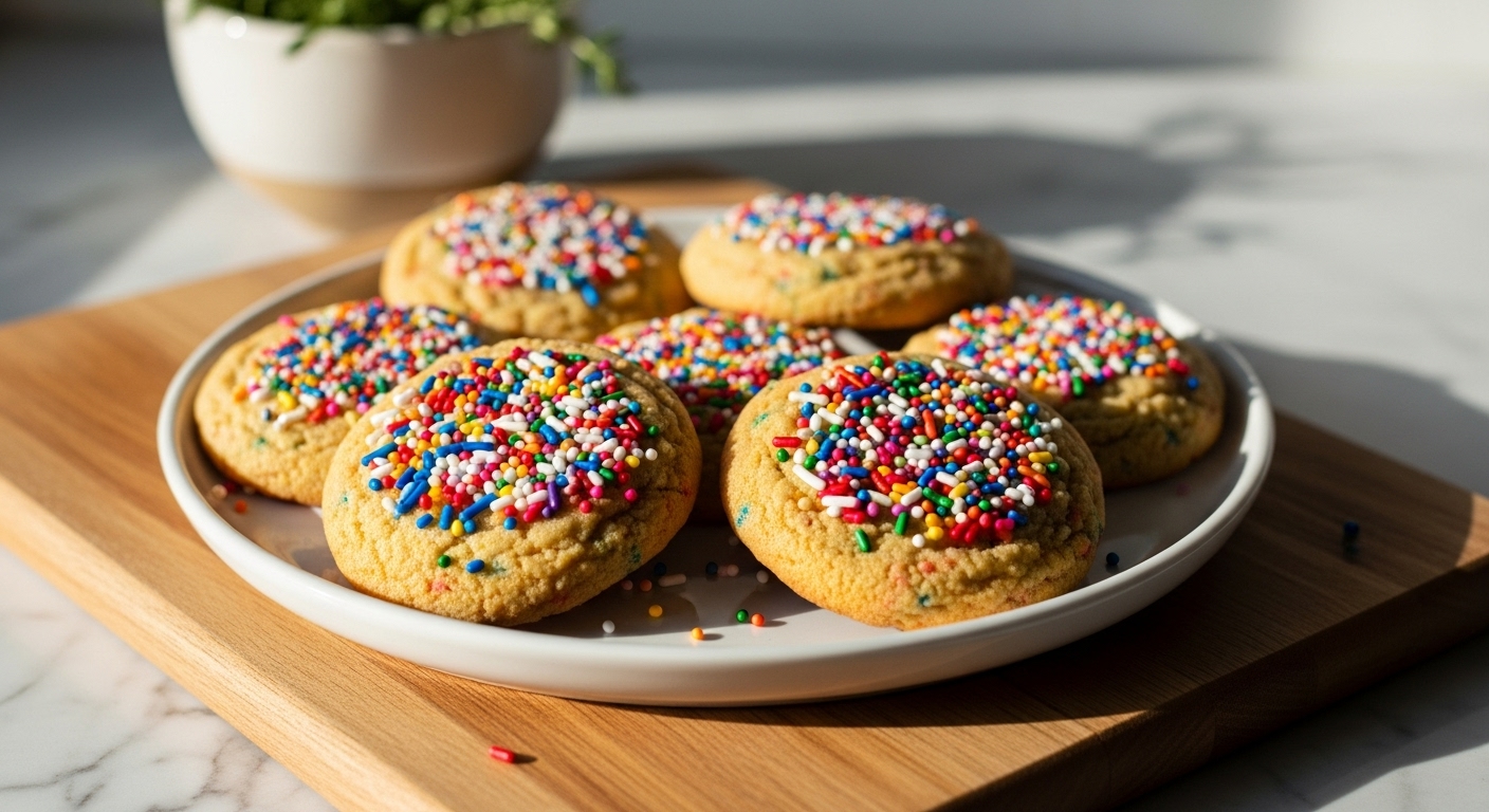 A beautifully composed 16:9 hero shot of several deliciously appealing golden brown Funfetti Cookies, generously covered in vibrant rainbow sprinkles. The cookies are arranged on a minimalist white plate, resting on the wooden cutting board on marble countertops. Natural morning light from the east window casts soft shadows, enhancing the warm tones. A ceramic bowl with fresh herbs is softly blurred in the background, maintaining a clean and tidy presentation. No hands visible.