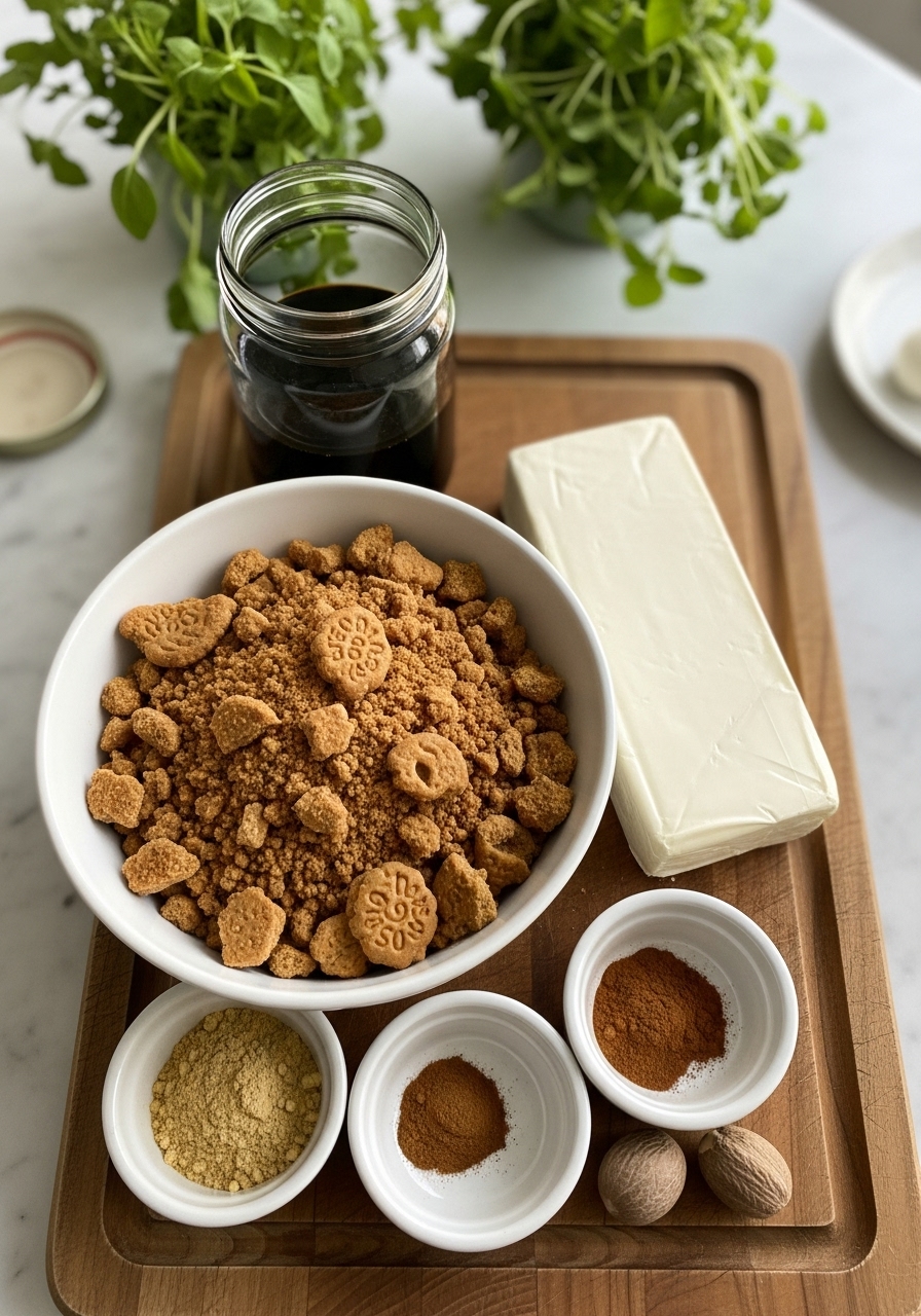 A flat lay composition of the key ingredients for gingerbread truffles: a bowl of crushed ginger snap cookies, a block of cream cheese, a jar of molasses, and small ceramic bowls of ground ginger, cinnamon, and nutmeg. All are artfully arranged on the same wooden cutting board, with soft natural morning light illuminating the scene. Fresh herbs are subtly in the background, and the marble countertops are visible. No hands visible.