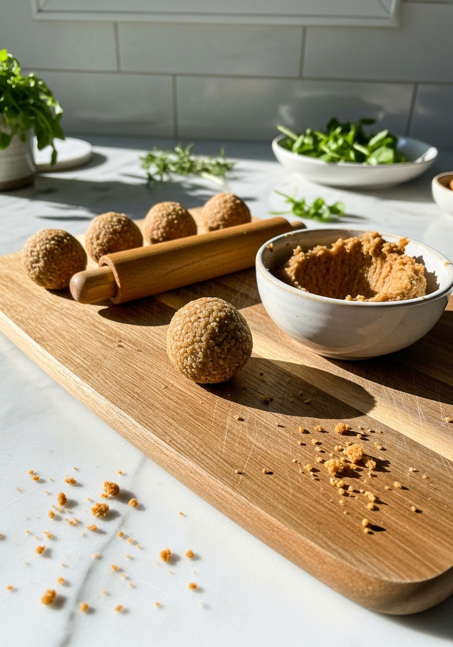 An action shot capturing the creamy gingerbread truffle mixture being rolled into perfect spheres. A partially formed ball sits on the same wooden cutting board next to a small ceramic bowl of the mixture, with a few artful crumbs. Natural morning light creates soft shadows. The marble countertops and fresh herbs are visible in the clean, tidy background. No hands visible.