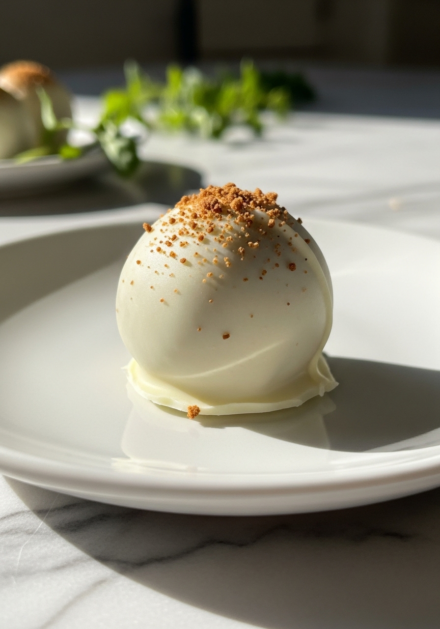 A close-up detail shot of a perfectly coated gingerbread truffle, showcasing its rich white chocolate shell and a delicate sprinkle of festive spices or crushed cookies. The truffle is resting on a minimalist white plate on the marble countertops. The natural morning light highlights its delicious texture and inviting appearance. Soft shadows and warm tones enhance the homemade feel, with fresh herbs softly blurred in the background. No hands visible.