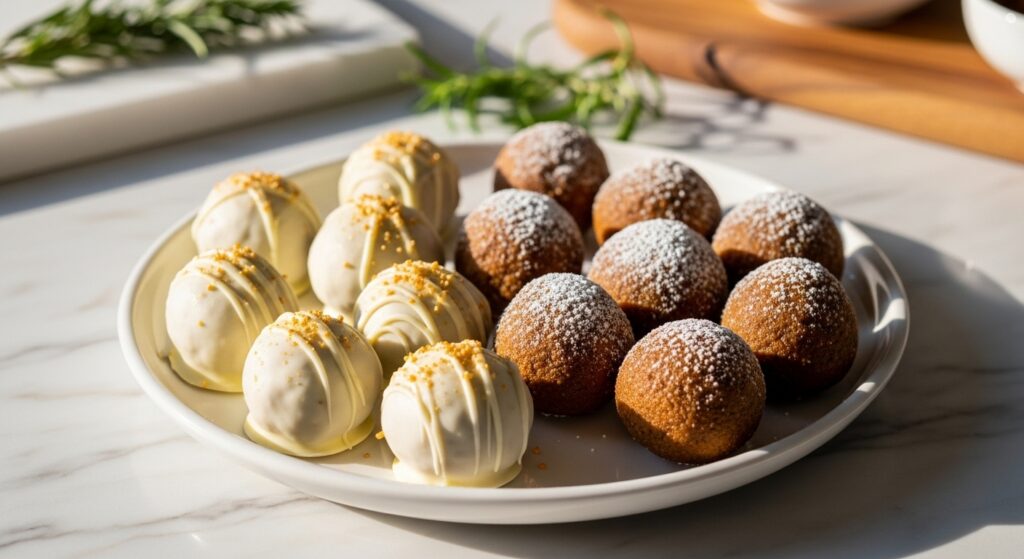 A beautifully arranged plate of golden-brown gingerbread truffles, some coated in white chocolate and sprinkled with edible gold dust, others with a light dusting of powdered sugar. The minimalist white plate sits on marble countertops with wood accents in the background, bathed in natural morning light. Fresh herbs, like a small sprig of rosemary, are visible in soft focus. The scene is clean and tidy, with warm tones and soft shadows, evoking genuine love for the process. No hands visible.
