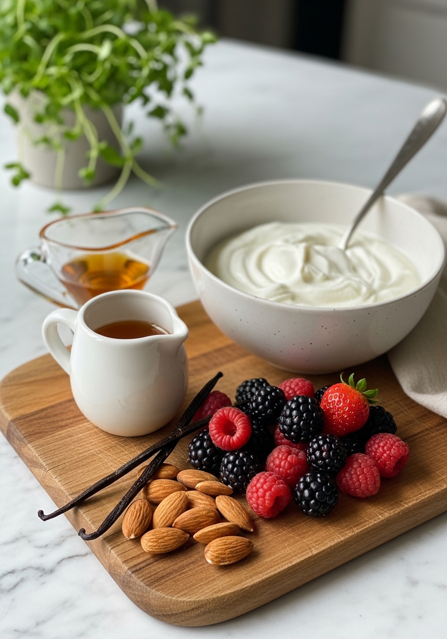 A 3:4 shot capturing a bowl of creamy plain Greek yogurt, a small pitcher of honey, a vanilla bean, a handful of fresh mixed berries, and a scattering of almonds, all arranged on the wooden cutting board on a marble countertop, bathed in natural morning light. Fresh herbs are visible in the soft-focus background, with a clean and tidy presentation. No hands or people are visible.