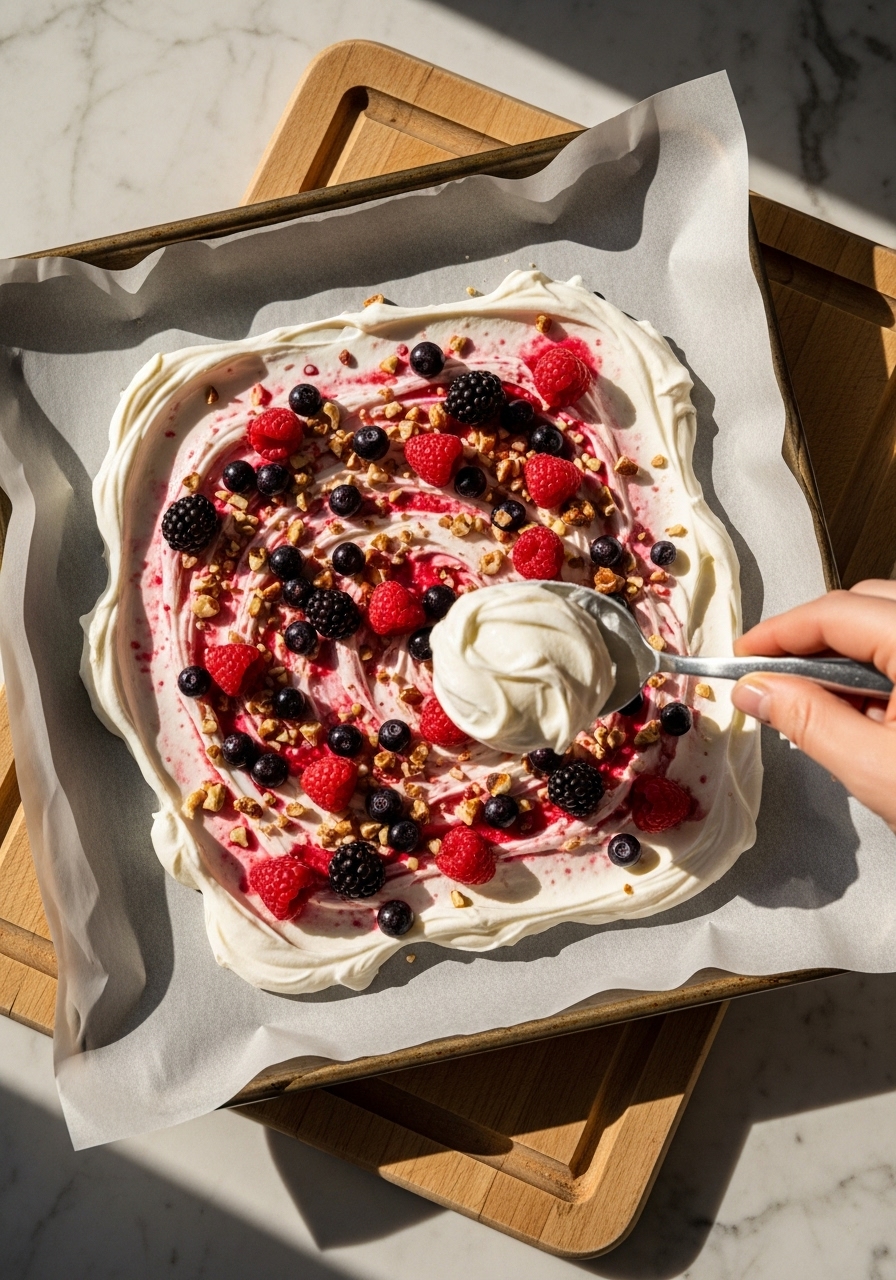 A 3:4 action shot from a slightly overhead angle, showing creamy Greek yogurt being evenly spread across parchment paper on a baking sheet, with vibrant mixed berries and chopped nuts lightly sprinkled on top. The baking sheet rests on the wooden cutting board on a marble countertop under natural morning light. The scene is clean, tidy, with warm tones and soft shadows, without any visible hands or people.